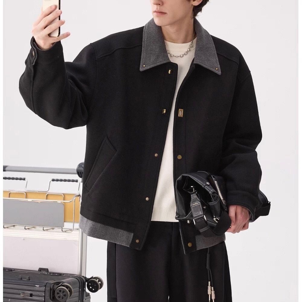 モード系 【ウール混×金具ボタン】上品さが際立つショート丈モードジャケット（ブラック／ブラウン）