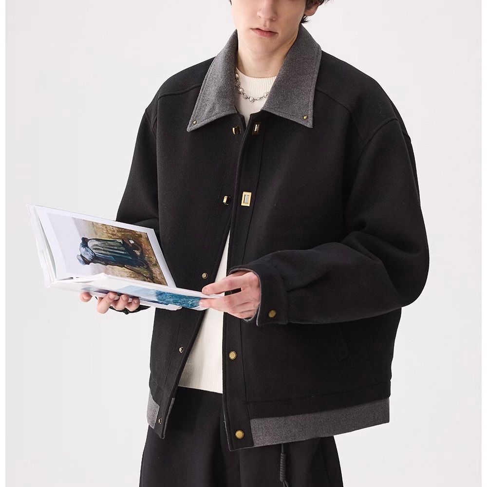 モード系 【ウール混×金具ボタン】上品さが際立つショート丈モードジャケット（ブラック／ブラウン）