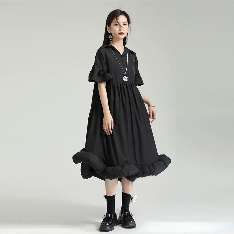 モード系ファッション立体カットデザイン ワンカラー フレアワンピー