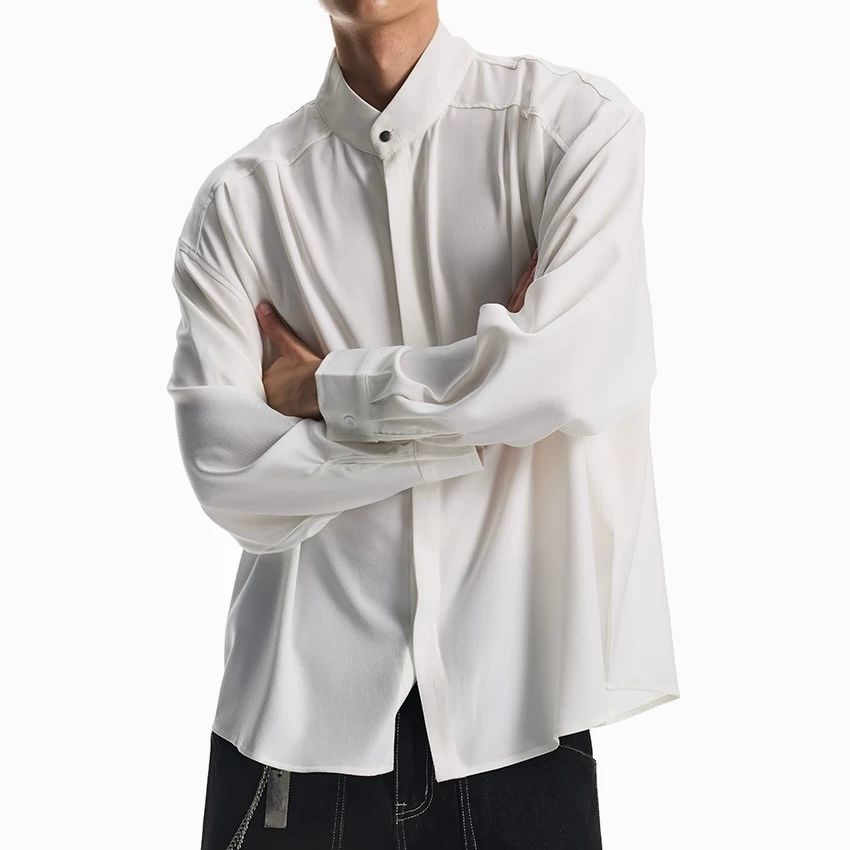 モード系 【M〜2XL対応／ユニセックス】落ち感素材 バンドカラーオーバーシャツ