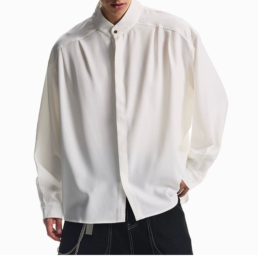 モード系 【M〜2XL対応／ユニセックス】落ち感素材 バンドカラーオーバーシャツ