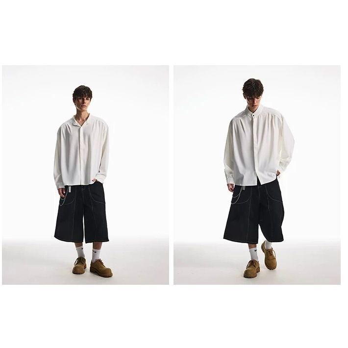 モード系 【M〜2XL対応／ユニセックス】落ち感素材 バンドカラーオーバーシャツ