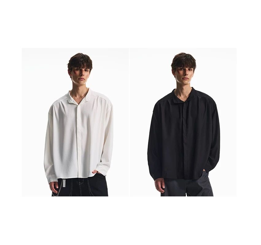 モード系 【M〜2XL対応／ユニセックス】落ち感素材 バンドカラーオーバーシャツ