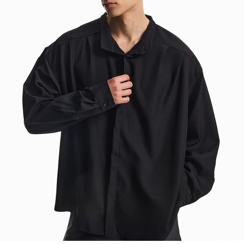 モード系 【M〜2XL対応／ユニセックス】落ち感素材 バンドカラーオーバーシャツ