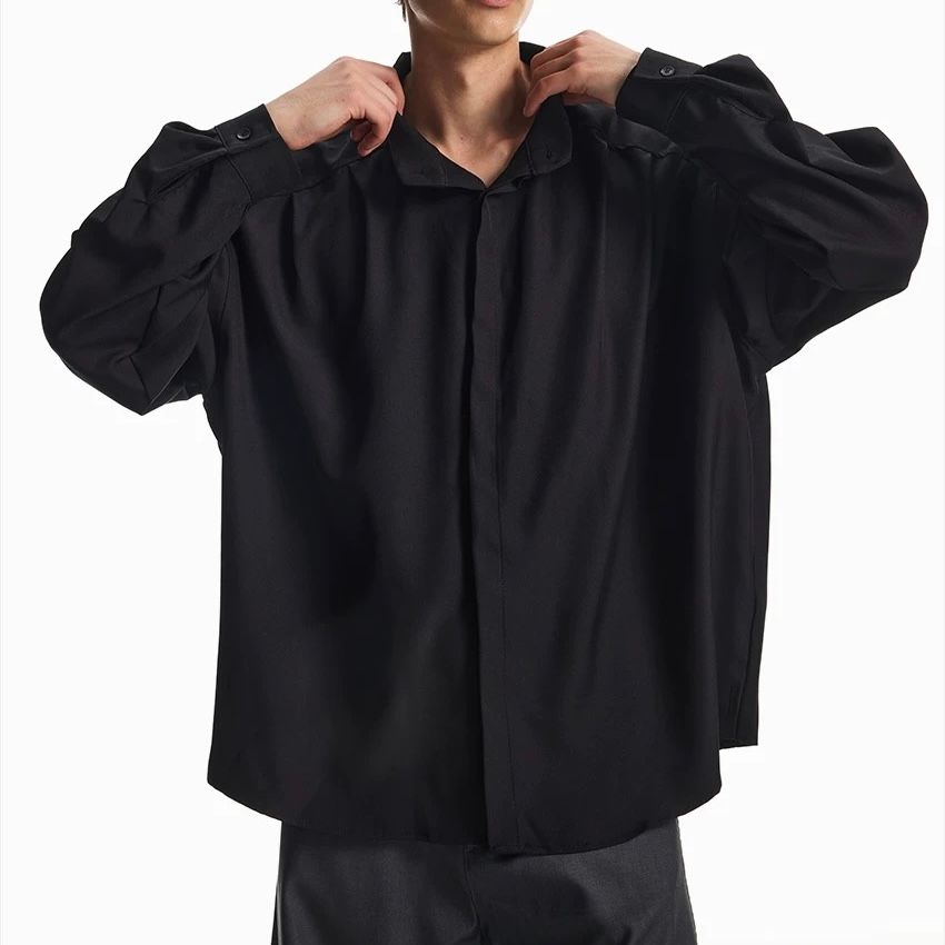 モード系 【M〜2XL対応／ユニセックス】落ち感素材 バンドカラーオーバーシャツ