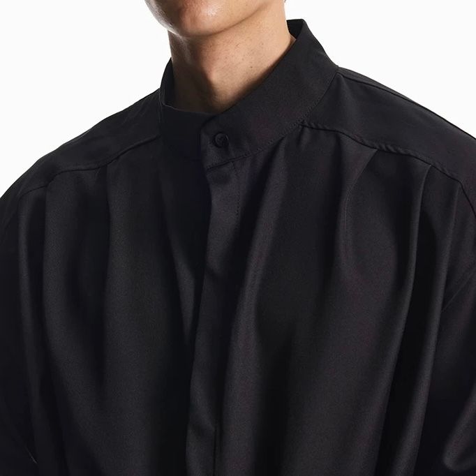 モード系 【M〜2XL対応／ユニセックス】落ち感素材 バンドカラーオーバーシャツ