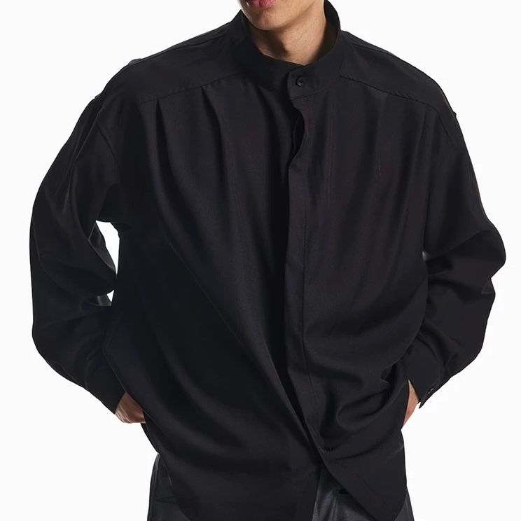 モード系 【M〜2XL対応／ユニセックス】落ち感素材 バンドカラーオーバーシャツ