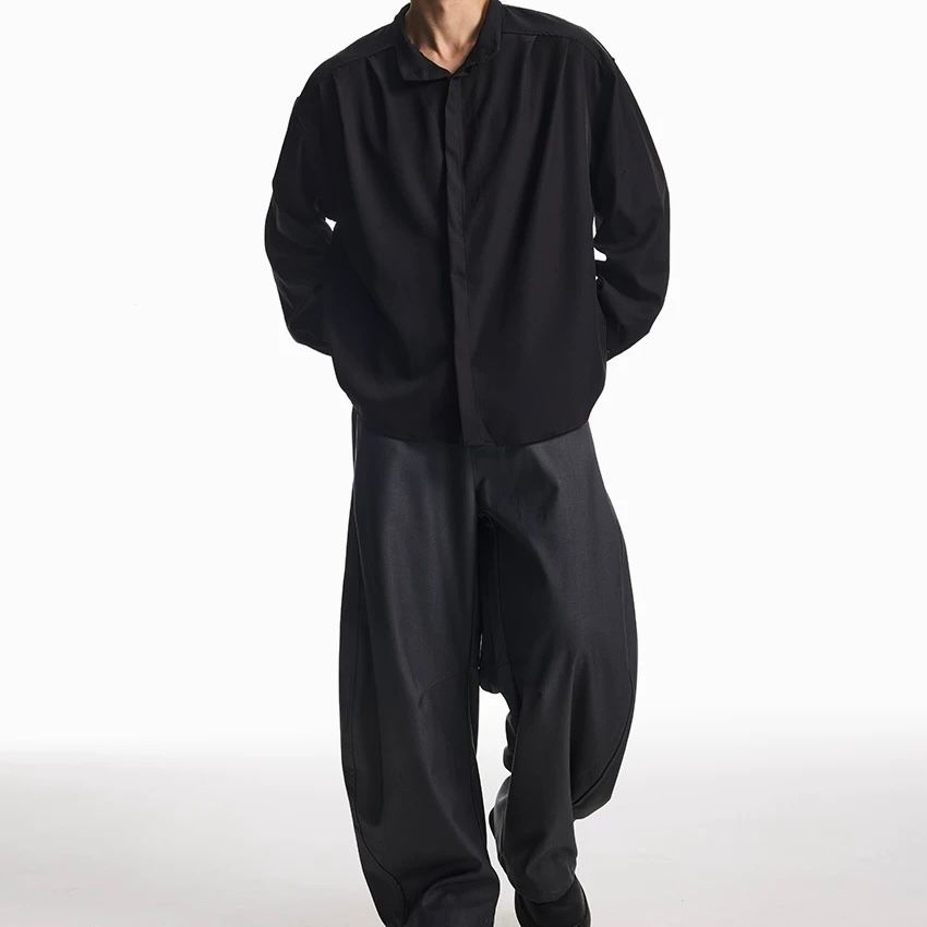 モード系 【M〜2XL対応／ユニセックス】落ち感素材 バンドカラーオーバーシャツ