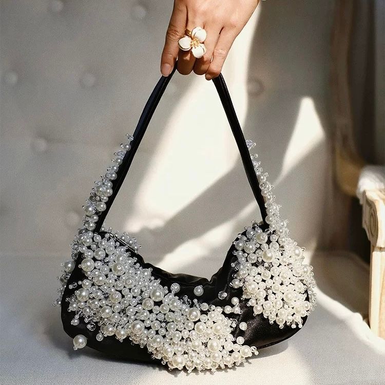 モード系 パール装飾ミニハンドバッグ