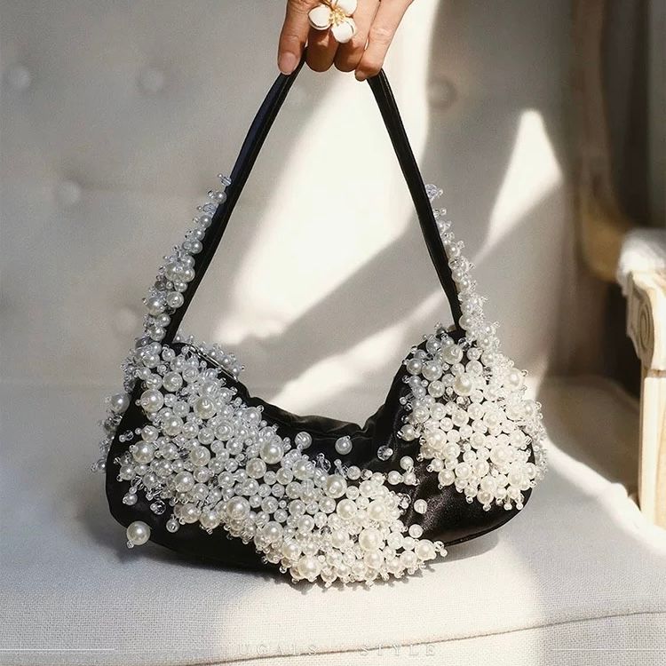 モード系 パール装飾ミニハンドバッグ