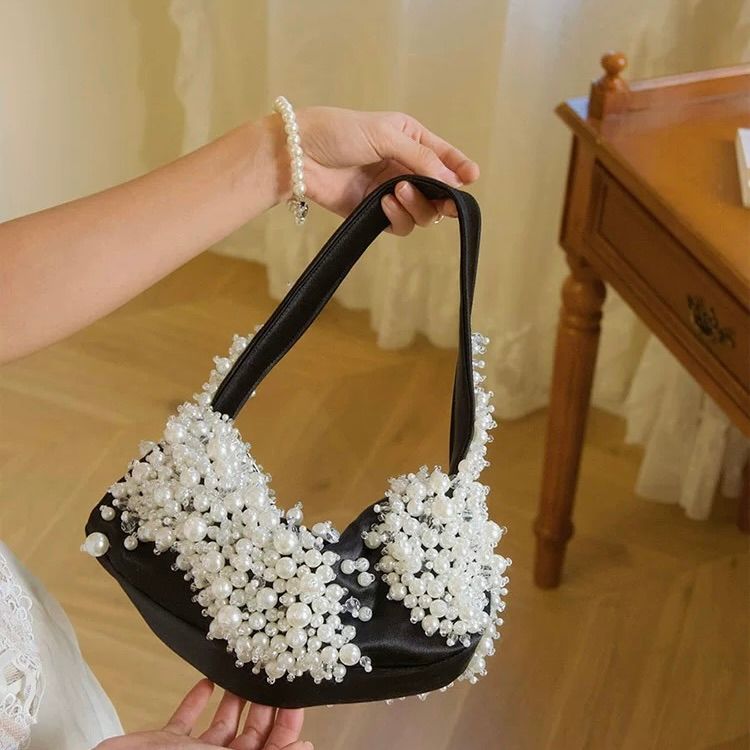 モード系 パール装飾ミニハンドバッグ