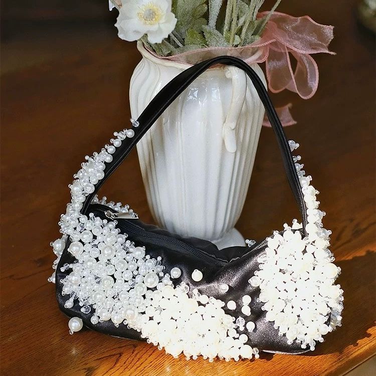 モード系 パール装飾ミニハンドバッグ