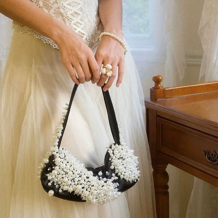 モード系 パール装飾ミニハンドバッグ