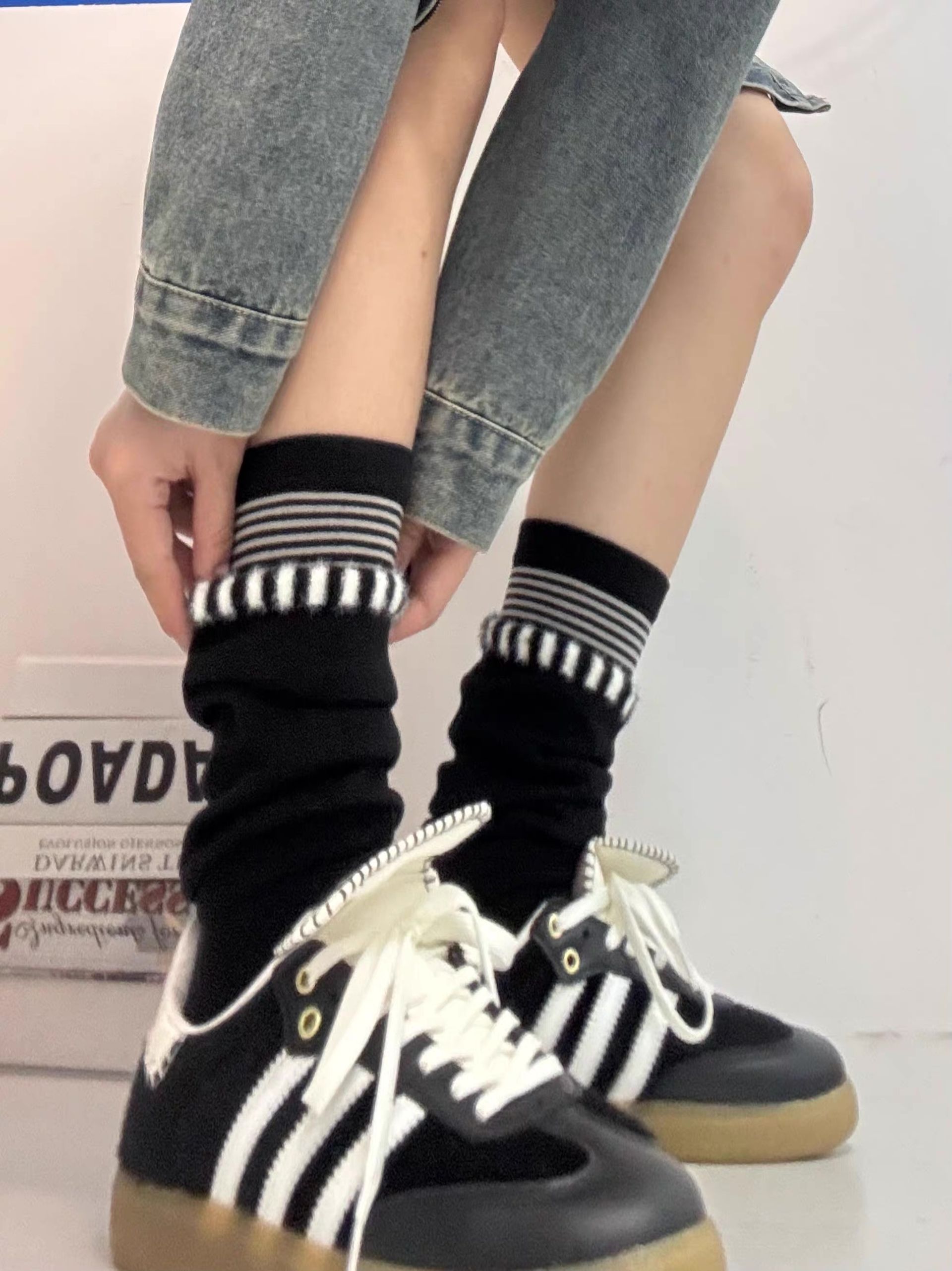 【レディース フリーサイズ】ラインデザインくしゅくしゅソックス｜モード系 厚手 靴下 ストリート スニーカーコーデ