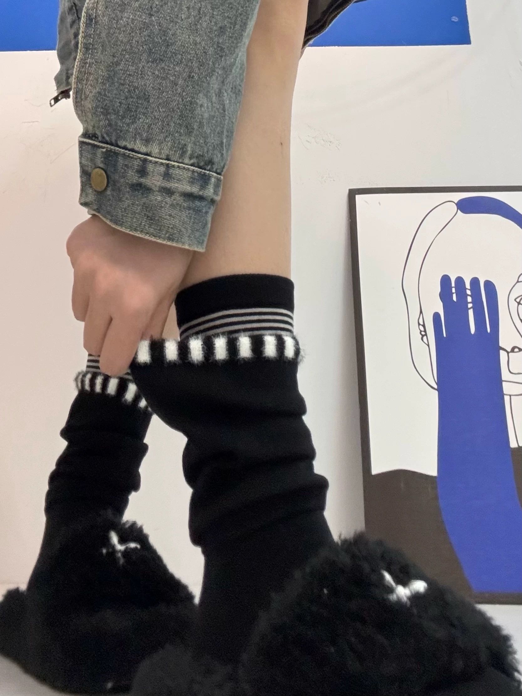 【レディース フリーサイズ】ラインデザインくしゅくしゅソックス｜モード系 厚手 靴下 ストリート スニーカーコーデ