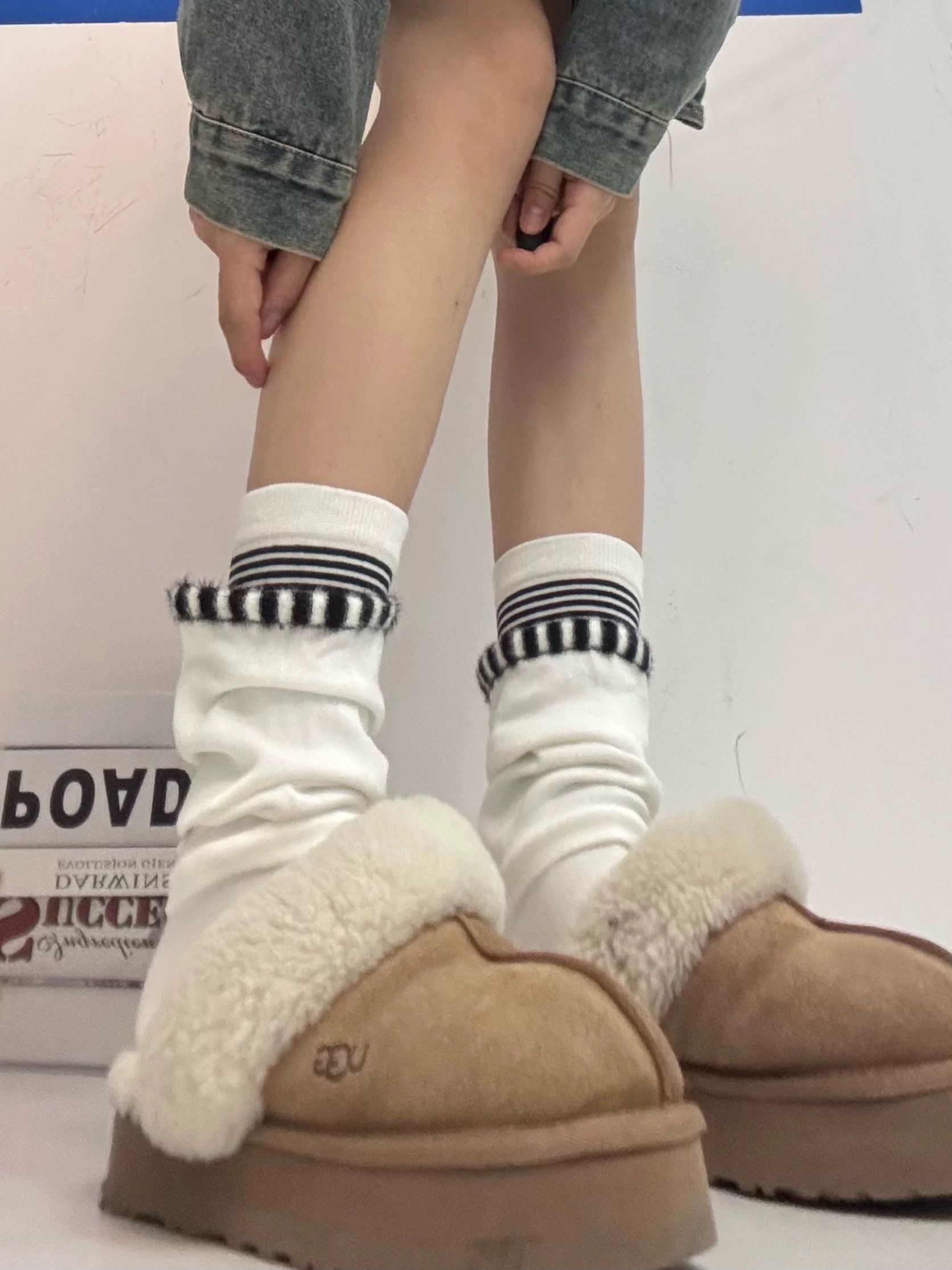 【レディース フリーサイズ】ラインデザインくしゅくしゅソックス｜モード系 厚手 靴下 ストリート スニーカーコーデ