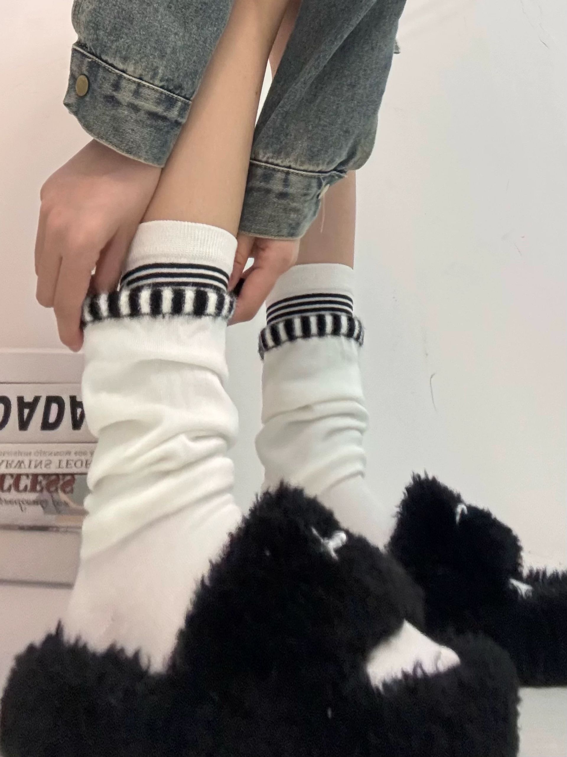 【レディース フリーサイズ】ラインデザインくしゅくしゅソックス｜モード系 厚手 靴下 ストリート スニーカーコーデ