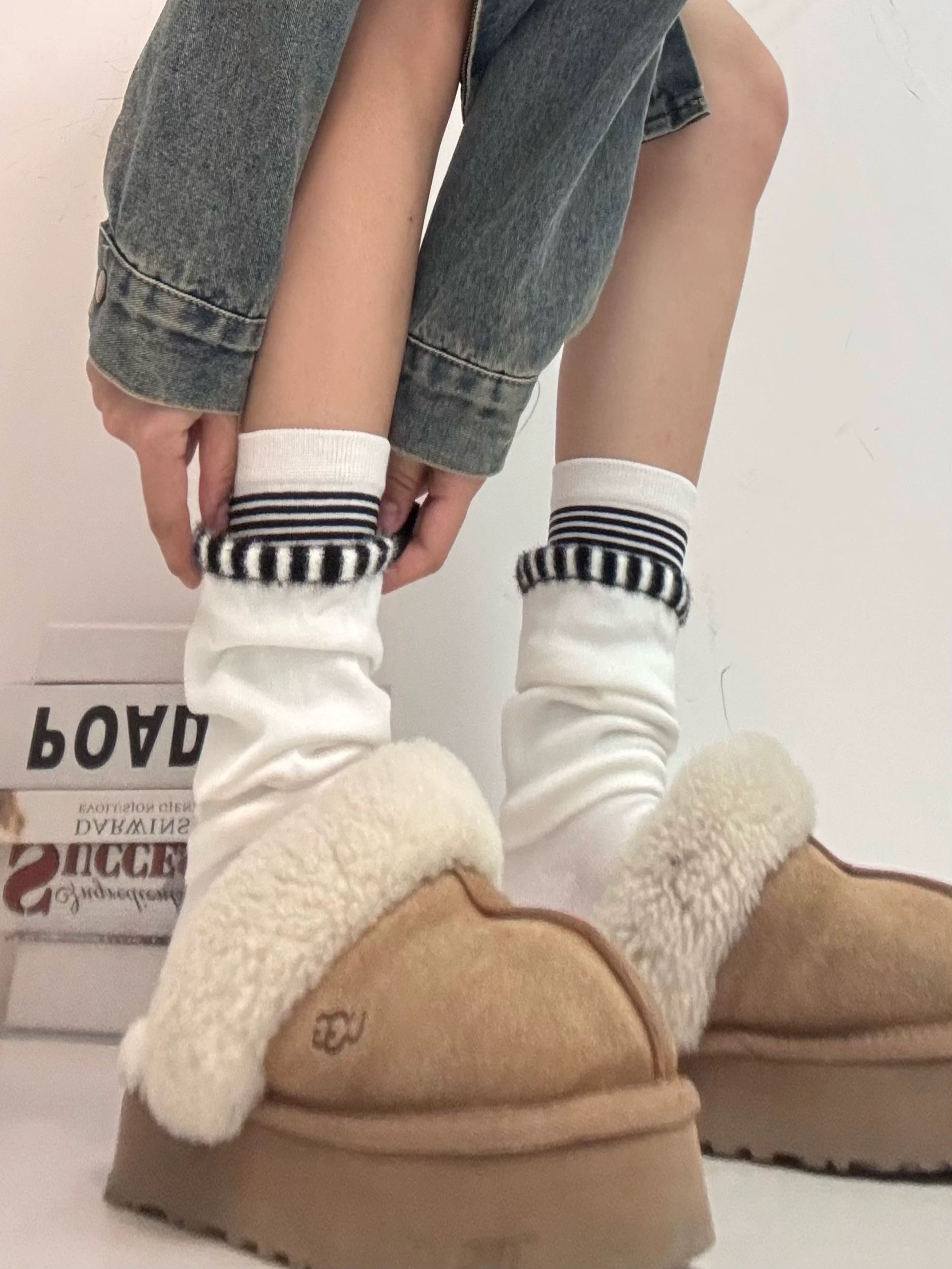 【レディース フリーサイズ】ラインデザインくしゅくしゅソックス｜モード系 厚手 靴下 ストリート スニーカーコーデ