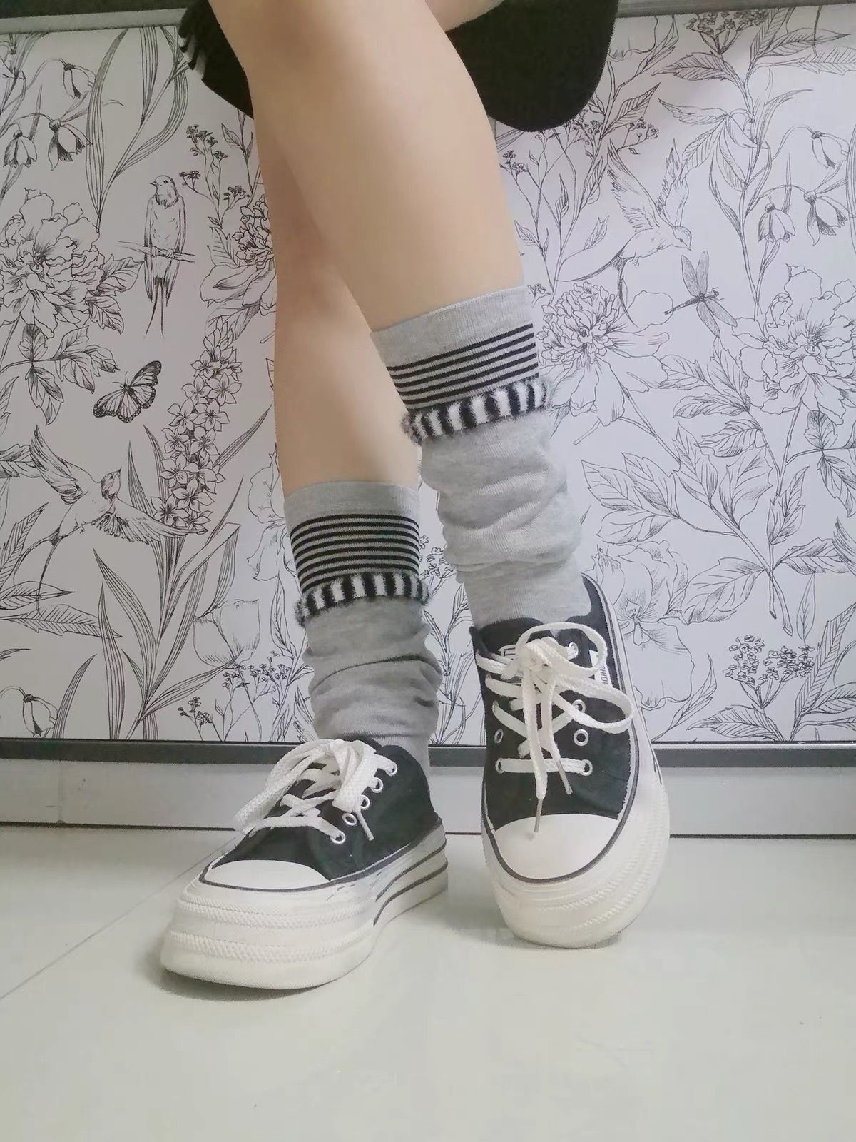 【レディース フリーサイズ】ラインデザインくしゅくしゅソックス｜モード系 厚手 靴下 ストリート スニーカーコーデ