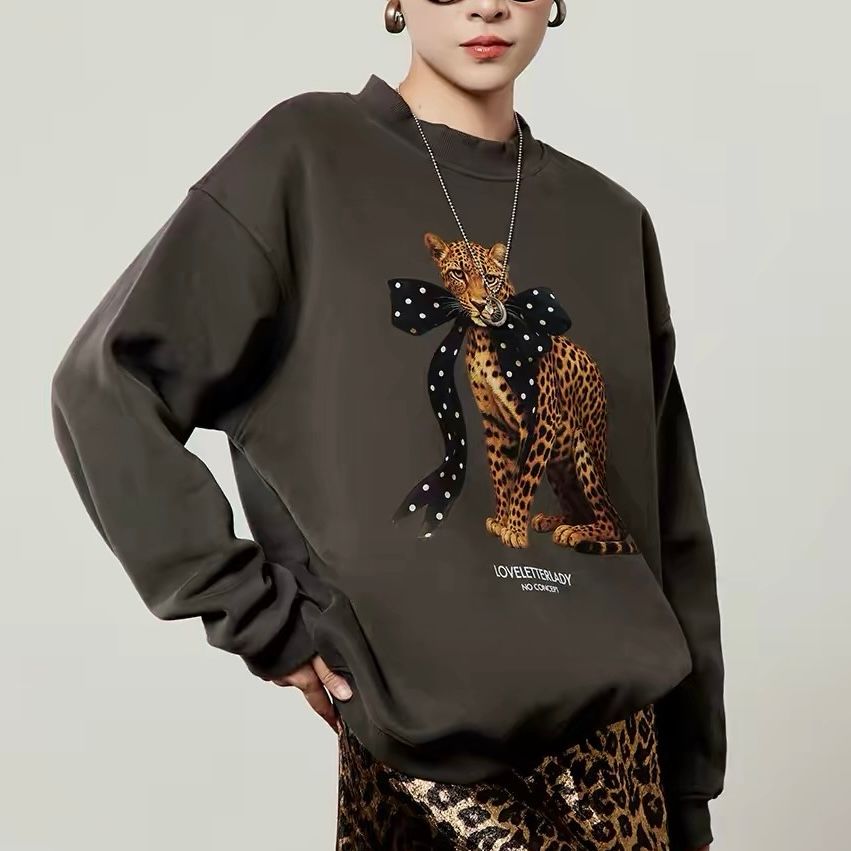モード系 【レディース オーバーサイズ スウェット】レオパードプリント裏毛トップス 秋冬ゆったりモード