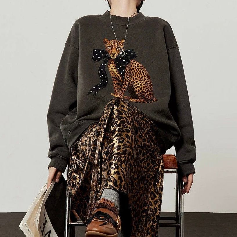 モード系 【レディース オーバーサイズ スウェット】レオパードプリント裏毛トップス 秋冬ゆったりモード
