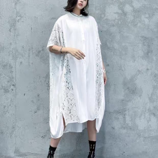 《体型カバーも叶う》透け感レース×綿麻ミックスの前後差シャツワンピース（ブラック／ホワイト）