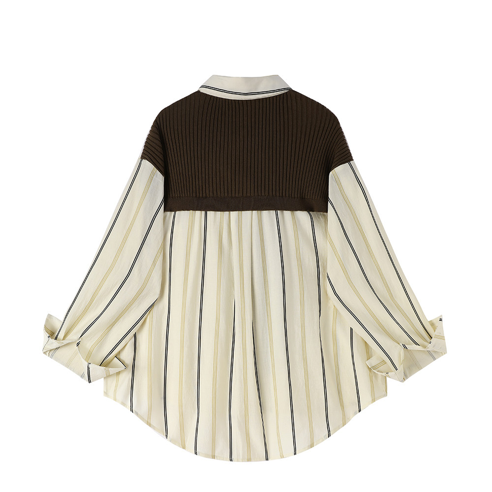 モード系 【FREE SIZE】リブ切替レイヤード風ストライプシャツトップス （ブラックリブ／ブラウンリブ）