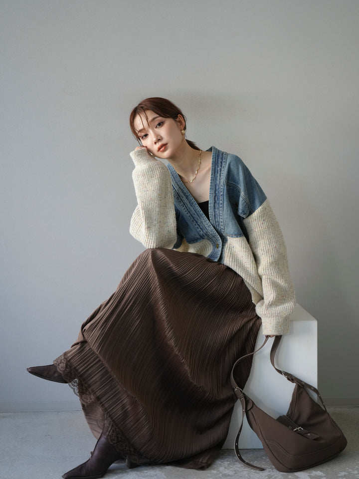 モード系 デニム切替ニットカーディガン