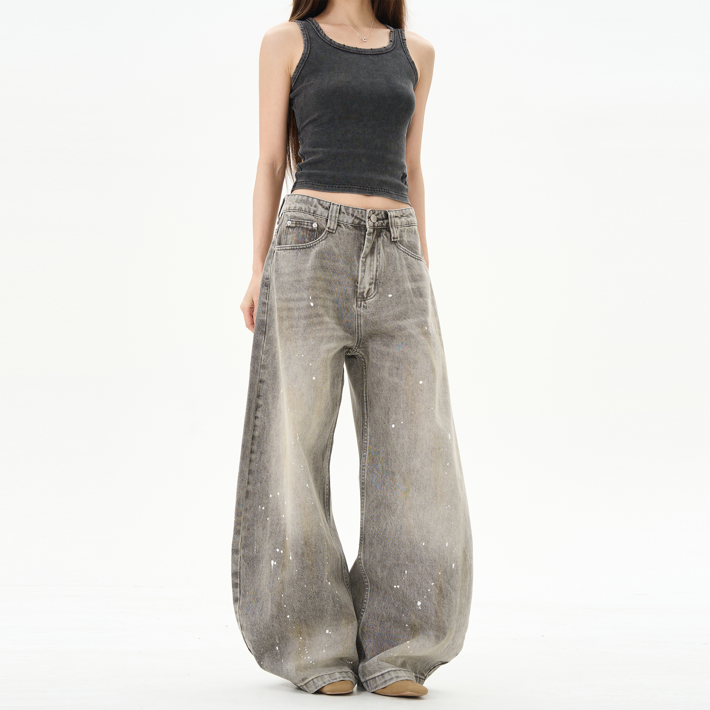 モード系 ペイントスプラッシュワイドデニムパンツ