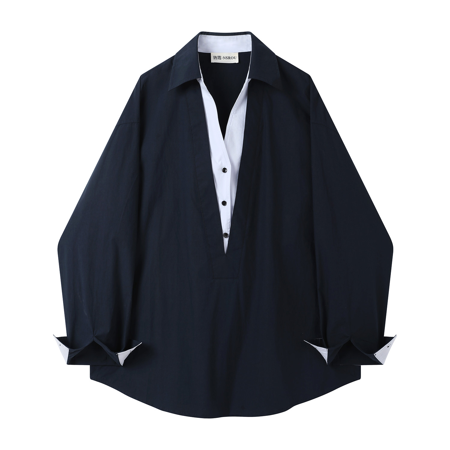 モード系 配色切替 スキッパーシャツ｜バイカラーデザイン 長袖シャツ レディース モード 通勤 オフィス