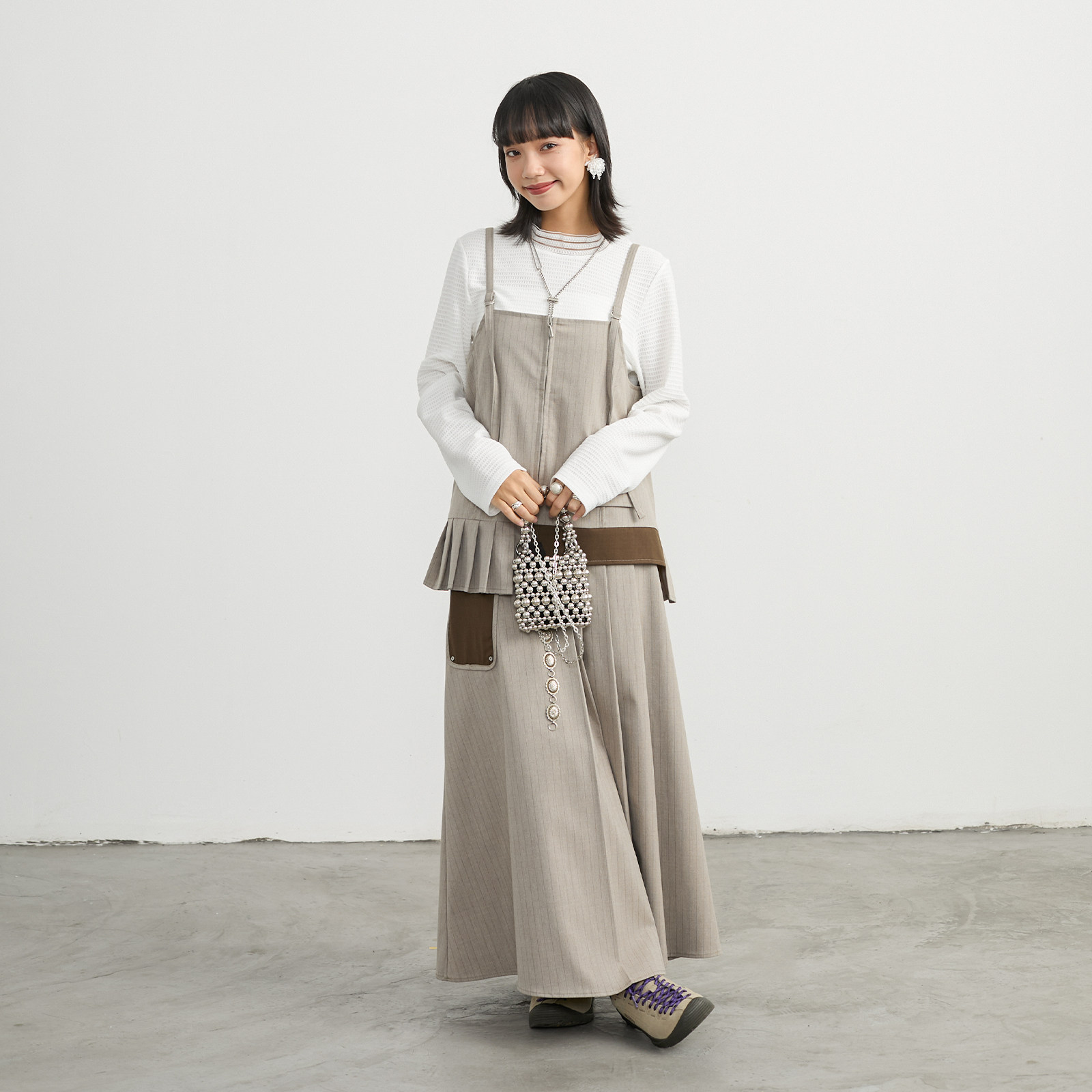 モード系 【フリーサイズ】立体テクスチャー クルーネックロングスリーブトップス