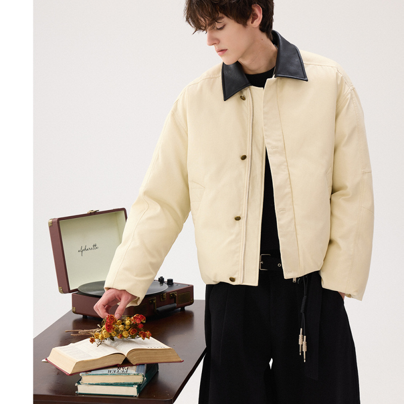 モード系 【ショート丈×レザー調切替】高級感ミックス中綿ジャケット（ブラウン）