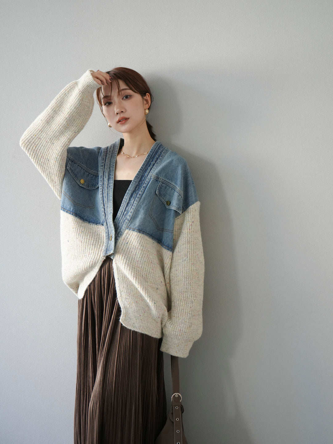 モード系 デニム切替ニットカーディガン