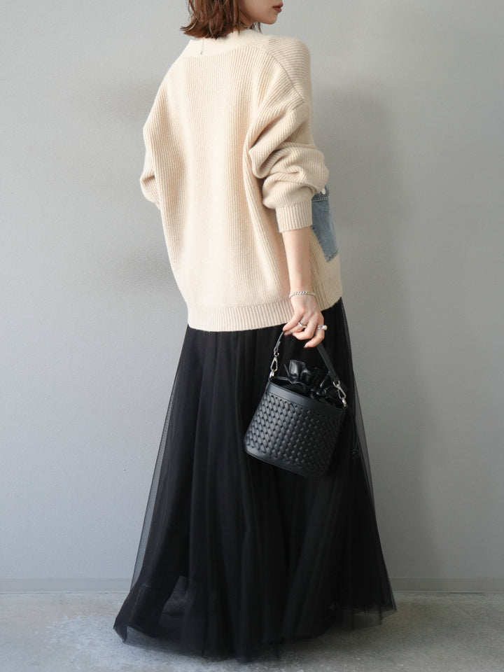 モード系 【M〜3XL対応】デニムポケット切替ニットカーディガン｜異素材ミックス・体型カバー・大人カジュアル