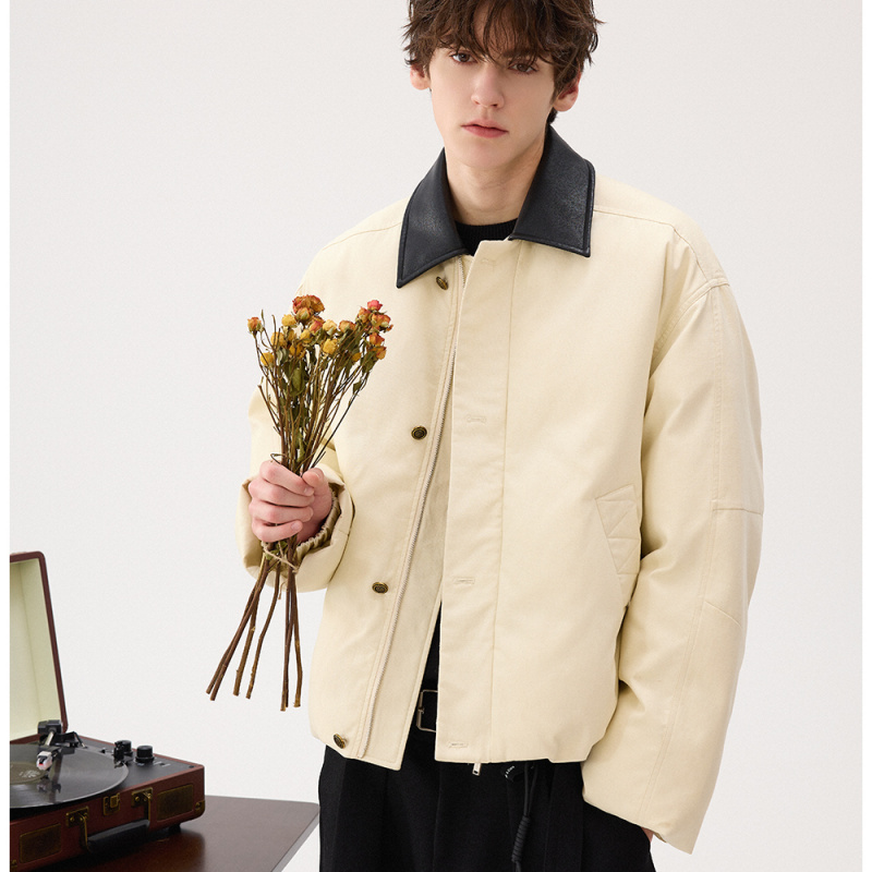 モード系 【ショート丈×レザー調切替】高級感ミックス中綿ジャケット（ブラウン）