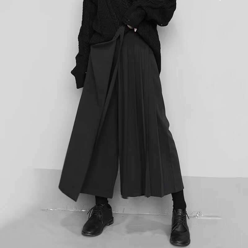 モード系ファッション プリーツ切り替えラップスカート風ワイドパンツ