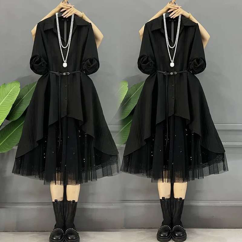モード系ファッション レイヤードチュールパフスリーブワンピース