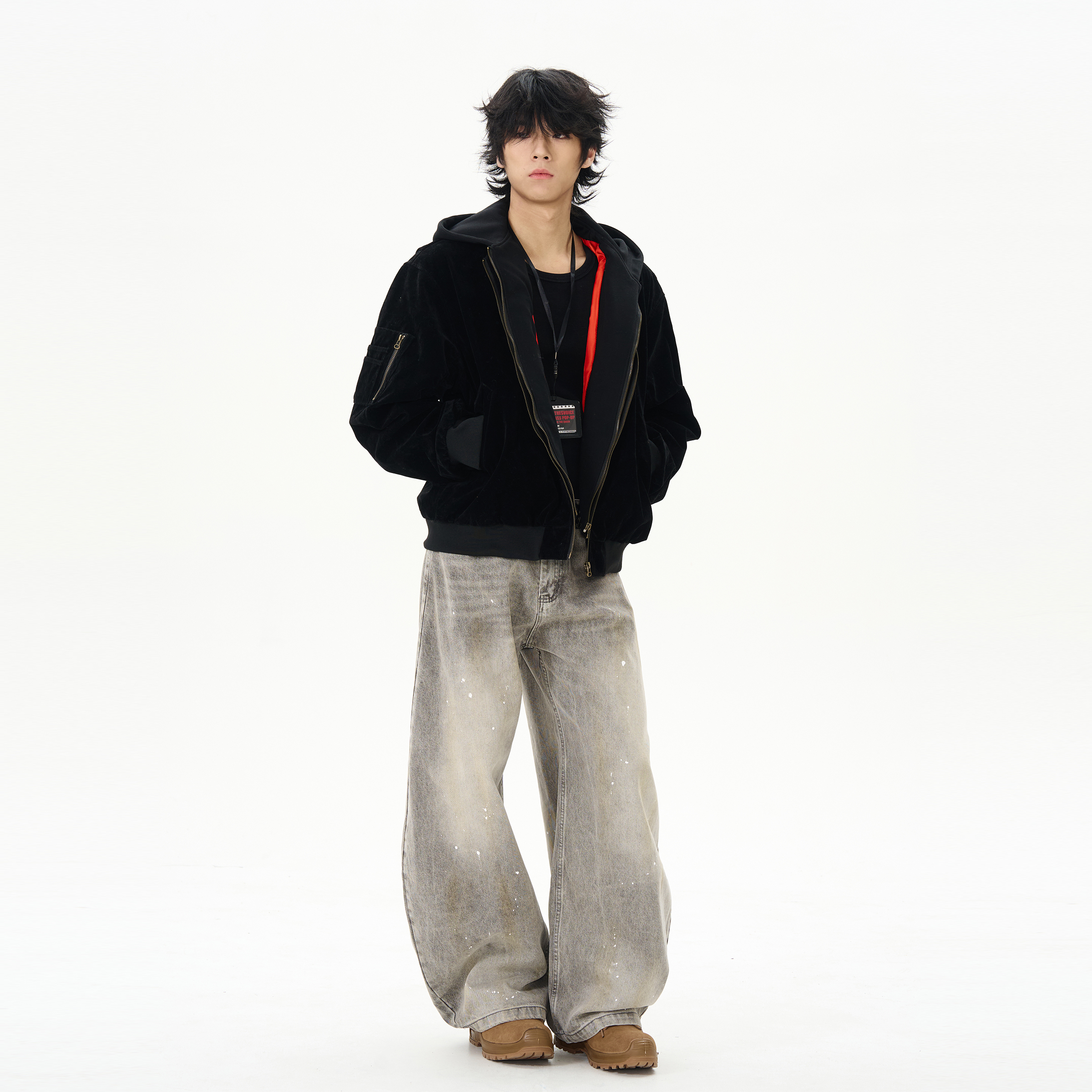 モード系 ペイントスプラッシュワイドデニムパンツ