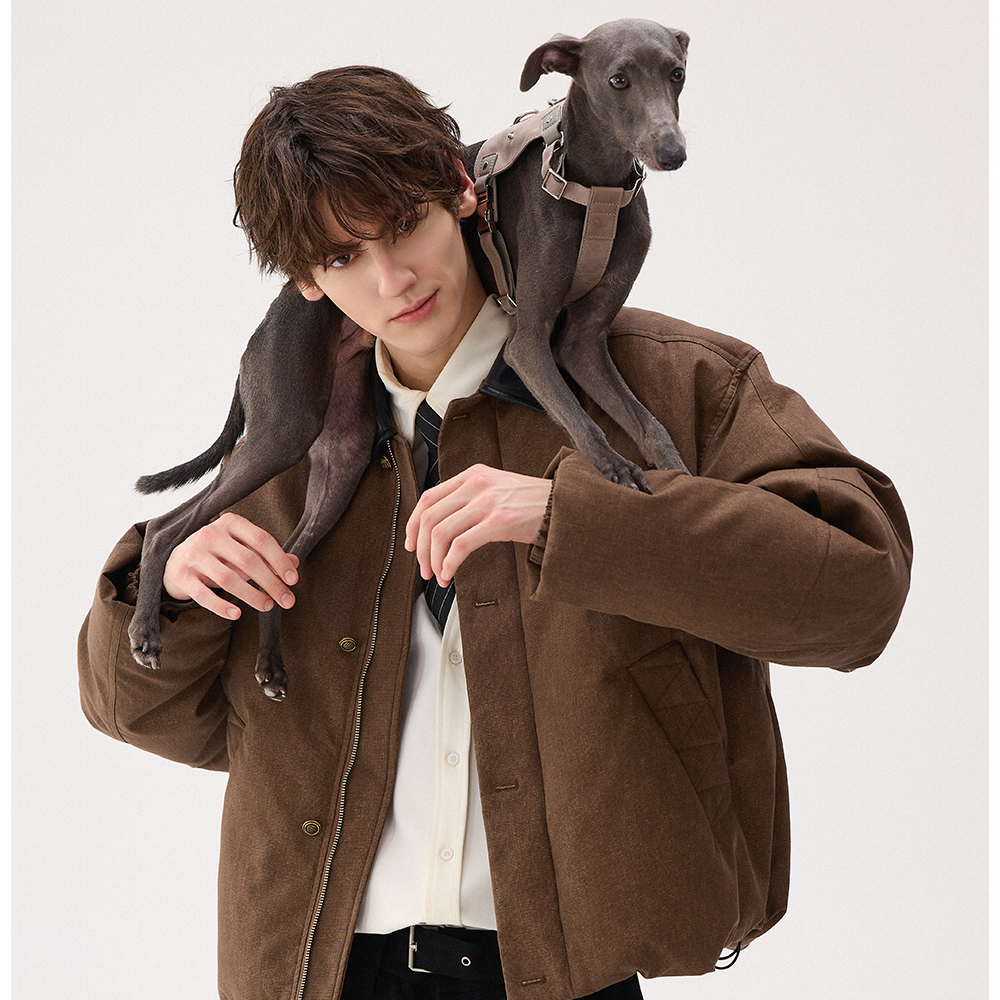 モード系 【ショート丈×レザー調切替】高級感ミックス中綿ジャケット（ブラウン）