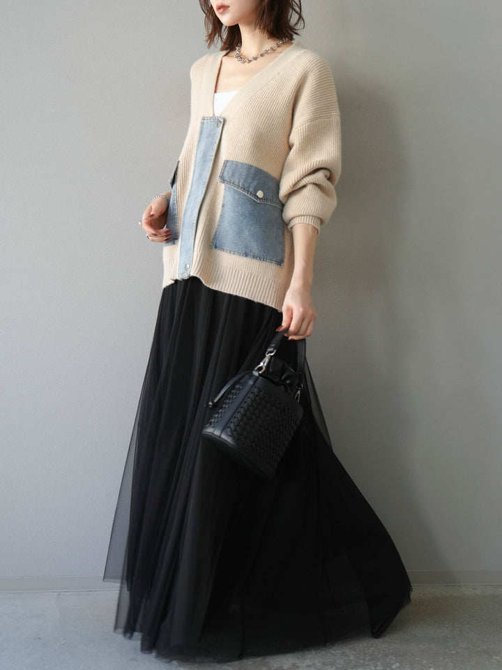 モード系 【M〜3XL対応】デニムポケット切替ニットカーディガン｜異素材ミックス・体型カバー・大人カジュアル