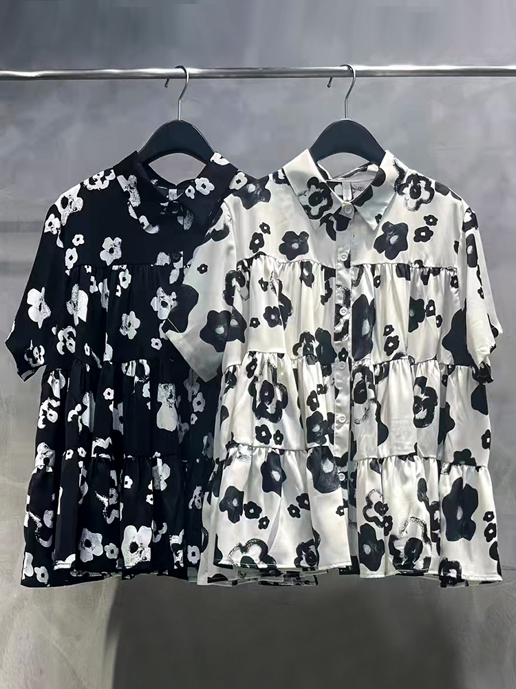 モード系 【体型カバーも叶う】ティアードフリル花柄シャツ｜ゆったりシルエット×モードデザイン（ブラック）