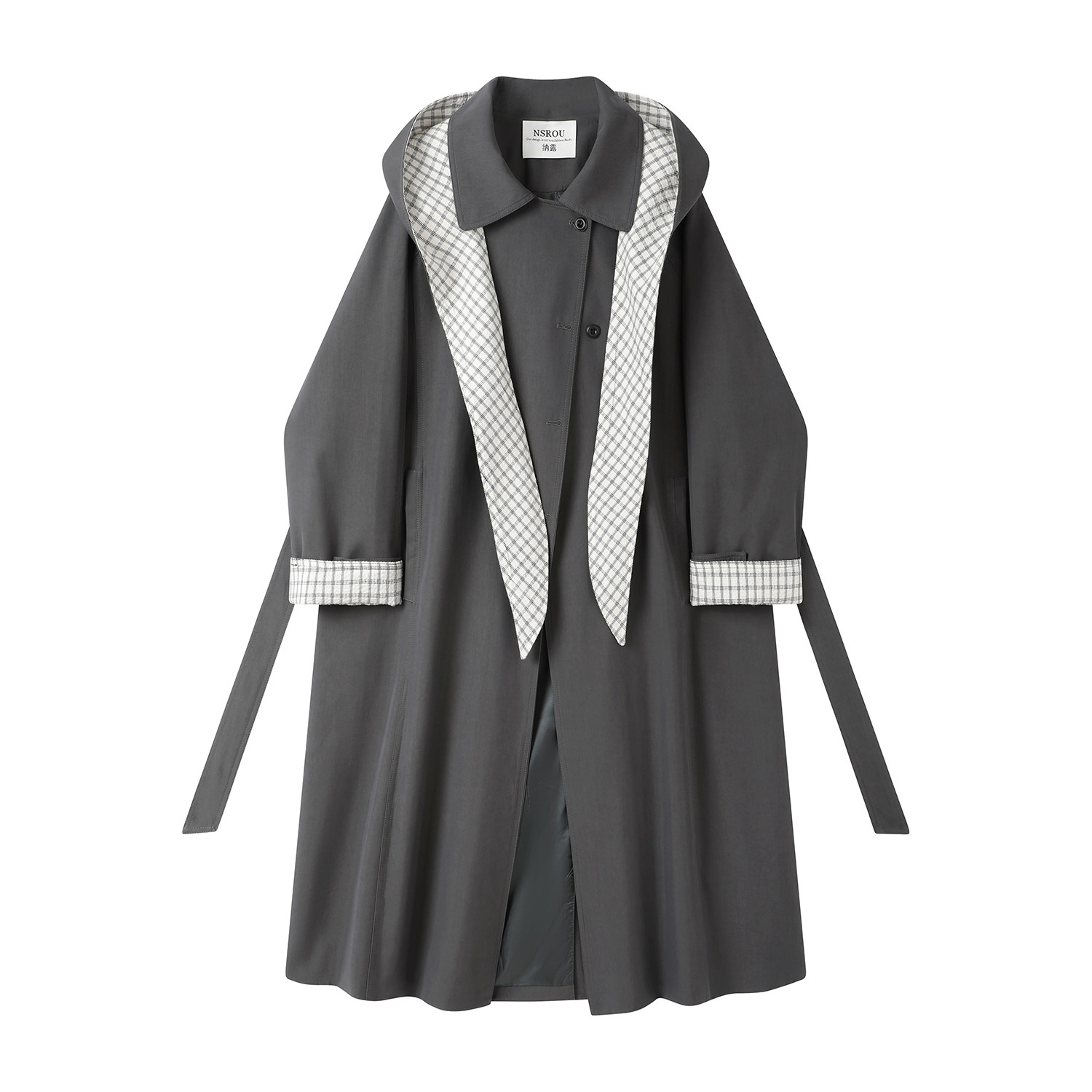 モード系 【S〜L対応】チェック配色フード付きロングコート