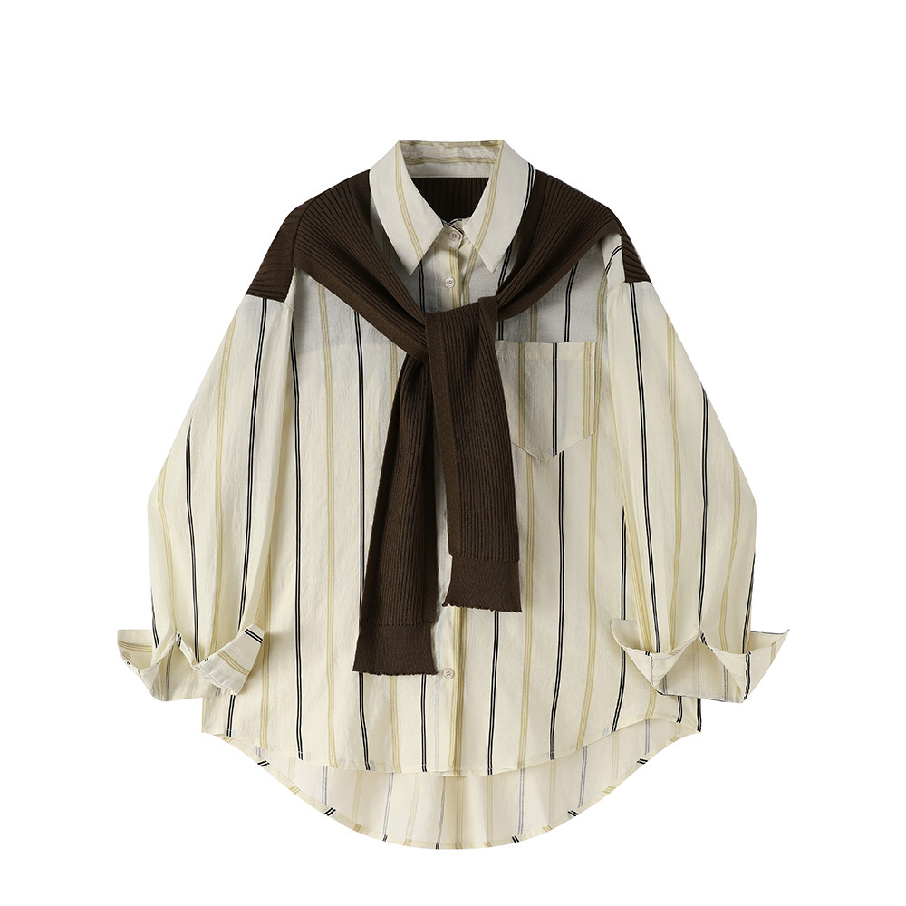 モード系 【FREE SIZE】リブ切替レイヤード風ストライプシャツトップス （ブラックリブ／ブラウンリブ）