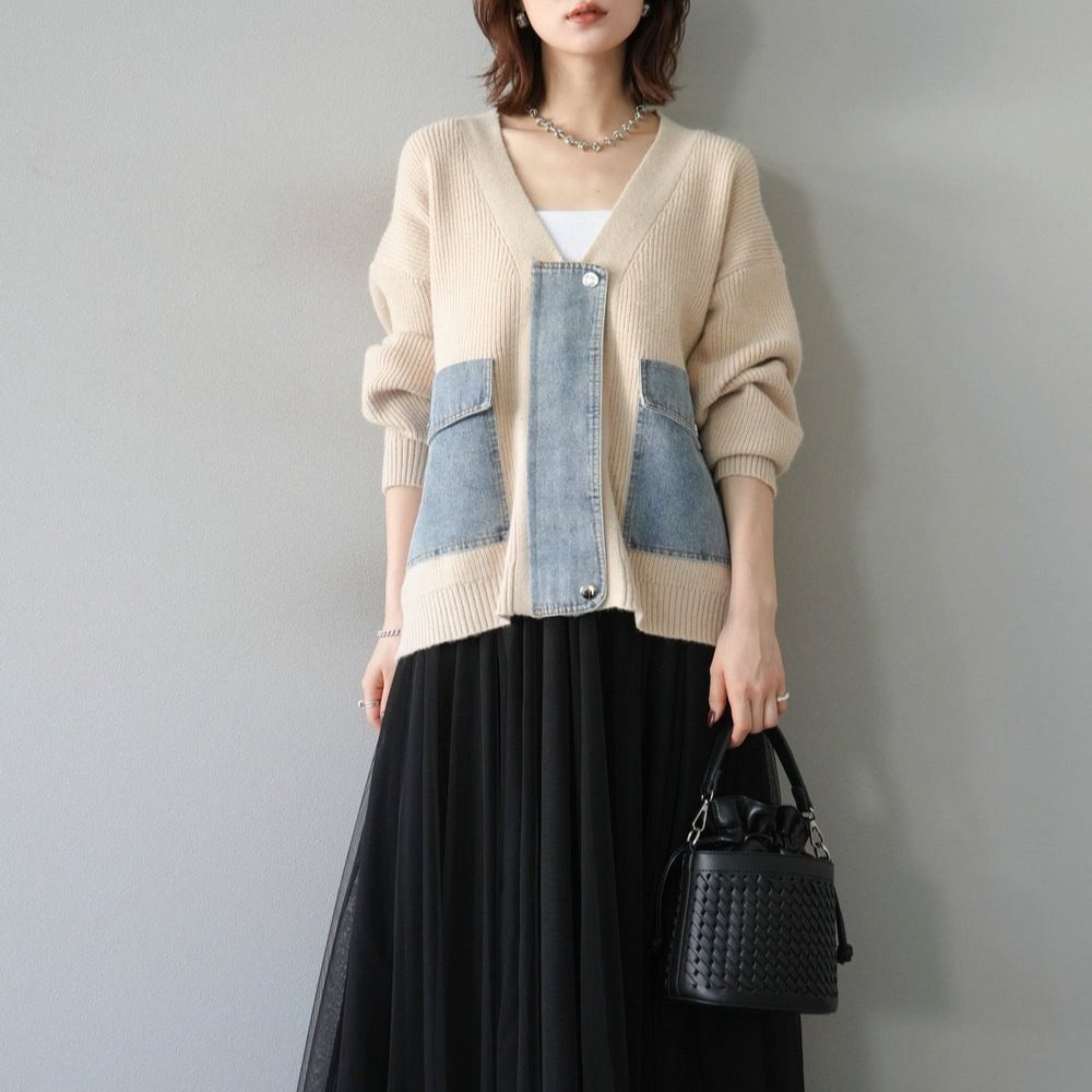 モード系 【M〜3XL対応】デニムポケット切替ニットカーディガン｜異素材ミックス・体型カバー・大人カジュアル