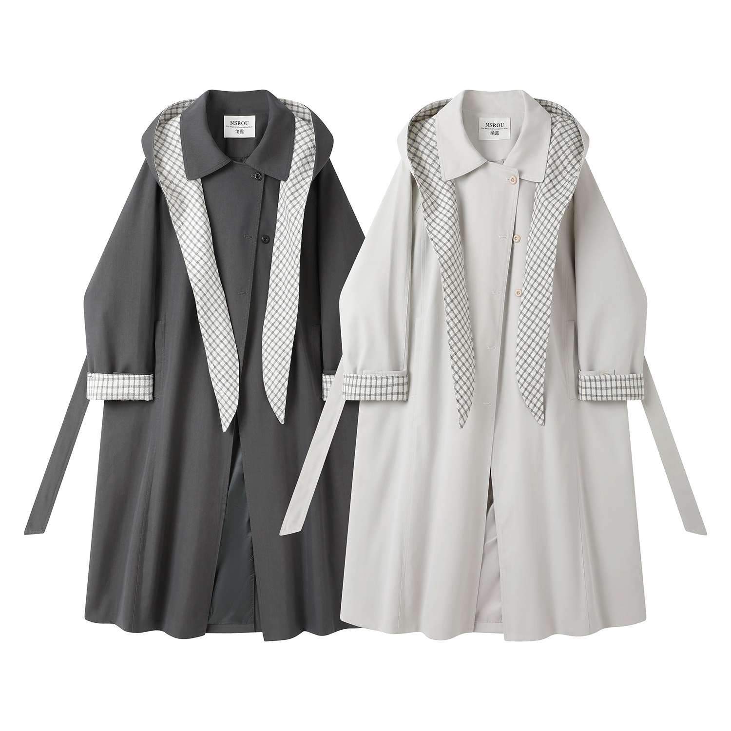 モード系 【S〜L対応】チェック配色フード付きロングコート