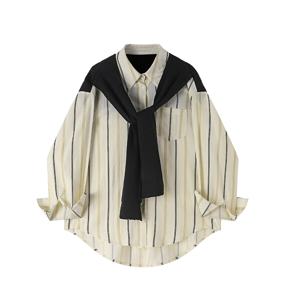 モード系 【FREE SIZE】リブ切替レイヤード風ストライプシャツトップス （ブラックリブ／ブラウンリブ）