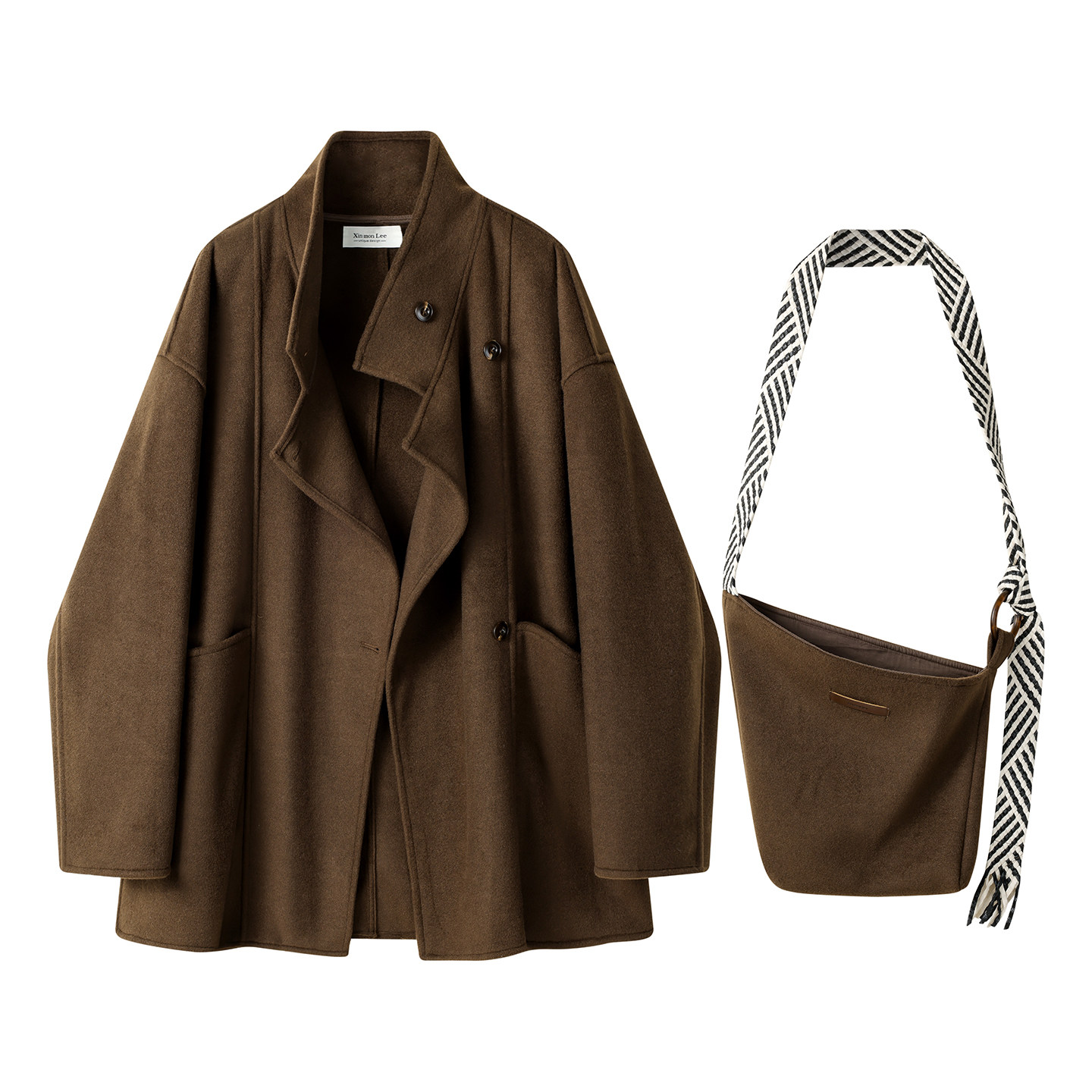 モード系 【S〜L展開】ウールライク ミドル丈ダブルアウター＋ショルダーバッグセット