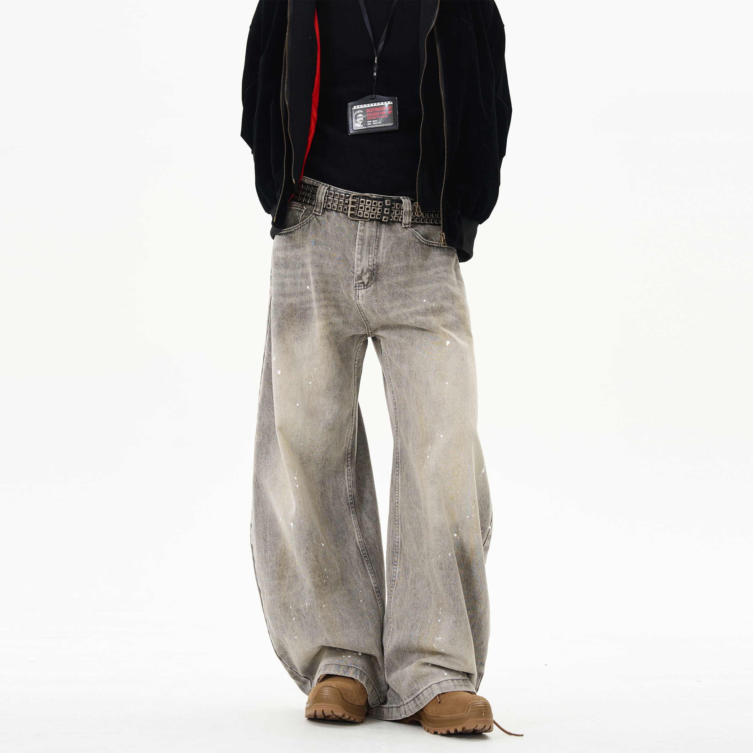 モード系 ペイントスプラッシュワイドデニムパンツ