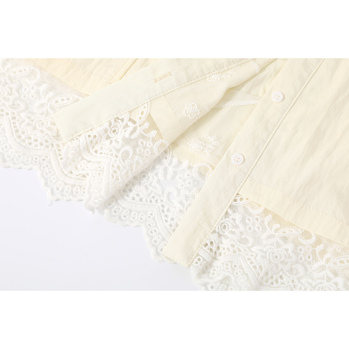 モード系 【M〜XL相当】レース切替 ショート丈シャツ｜レディース シアー レース ブラウス