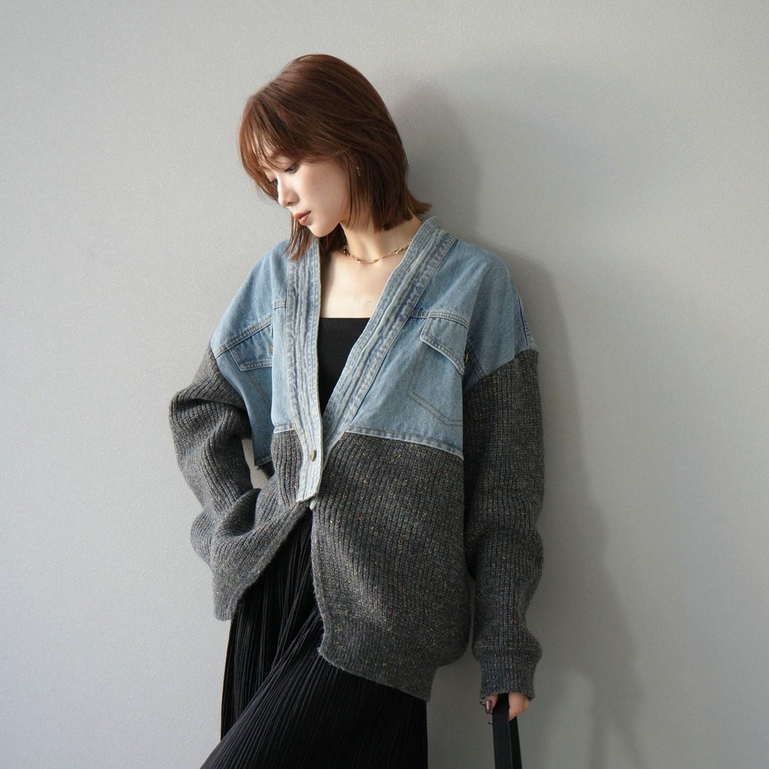 モード系 デニム切替ニットカーディガン